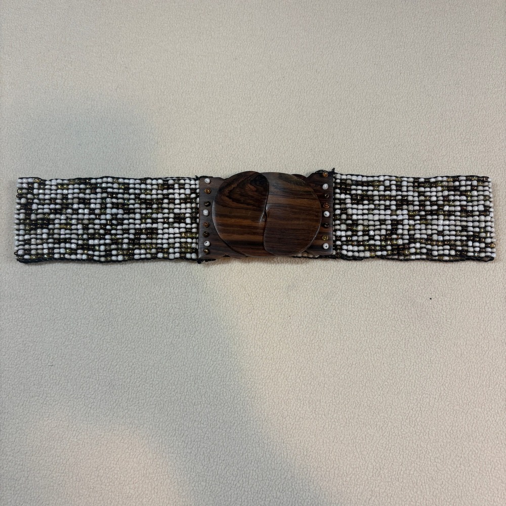 Vintage Boho Wide Seed Bead Belt with‎ Woodlike  Interlocking Buckle Brown White